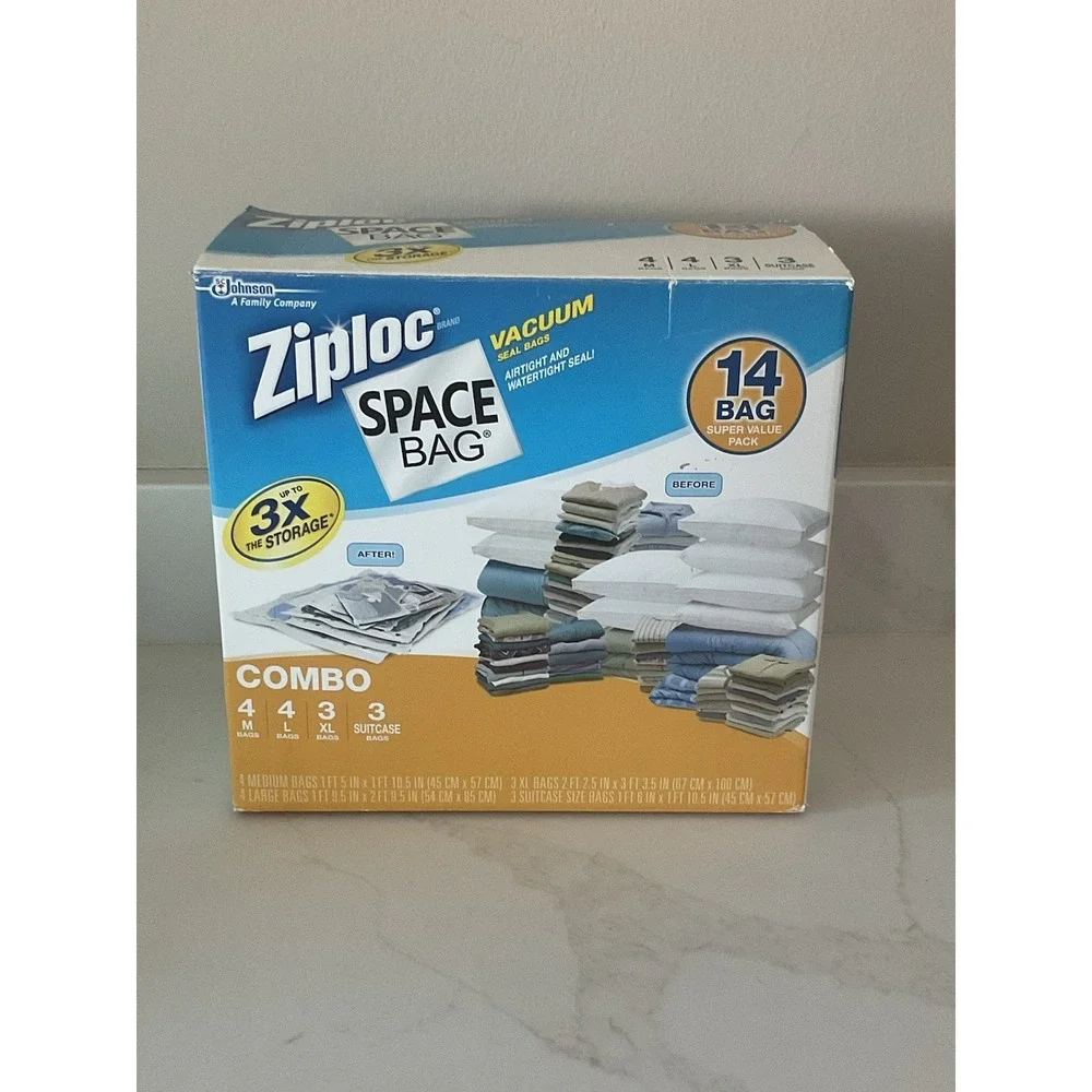8 Ziploc SPACE BAG Vacuum Sealed Clothing Storage Bags 4 Large 1 XL 3 Suitcase